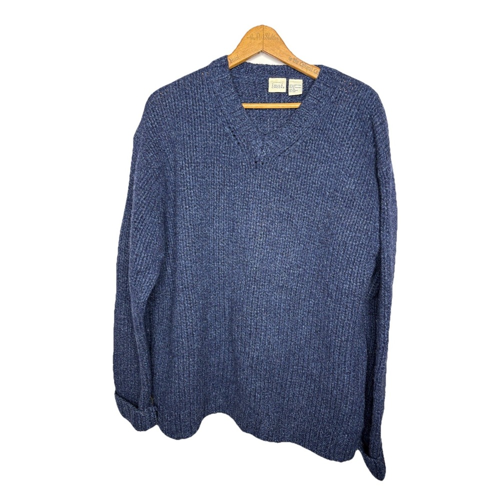 Vtg Falls Creek 100% Lambs Wool V-Neck Sweater Men's XL Blue Chunky Knit Rustic